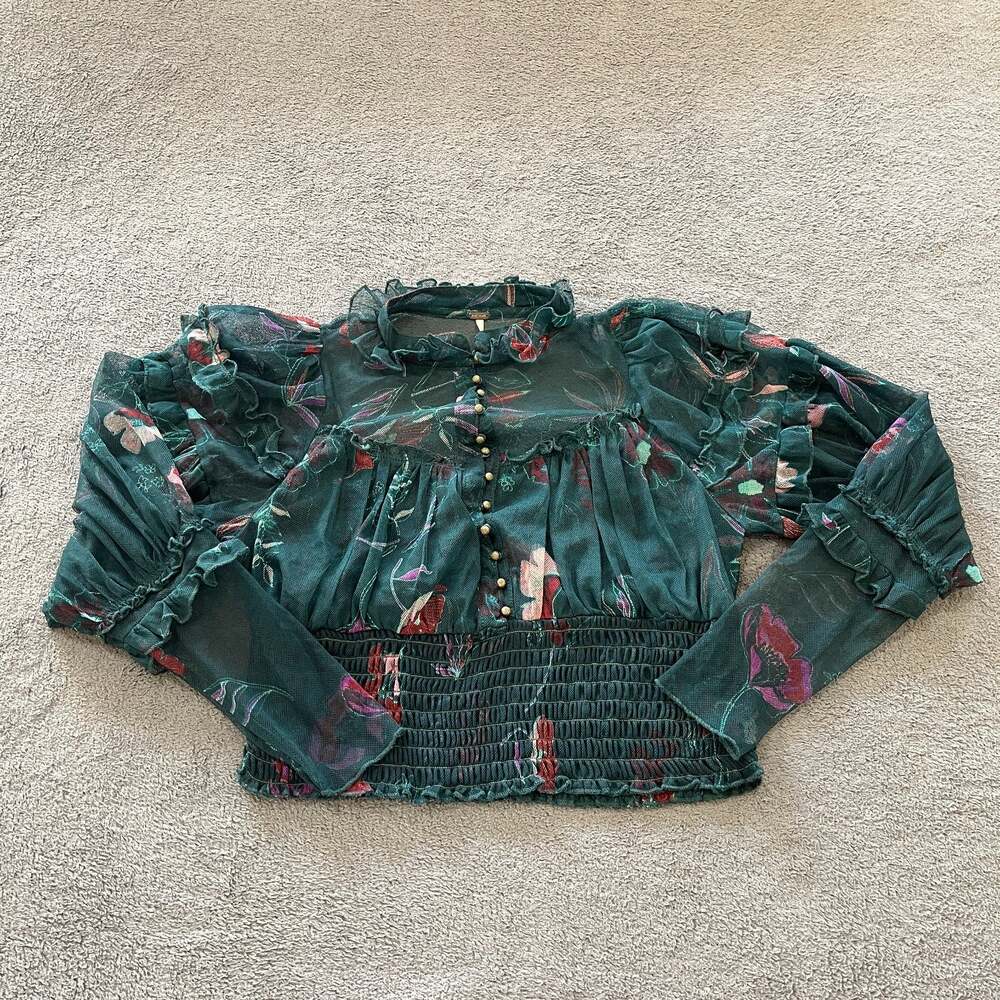 Free People Green Floral Mesh Smocked Button Front Crop Top Women's Size Small